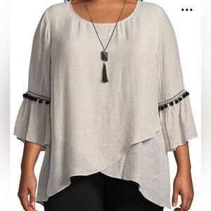 I.N. Studio Women’s S Beige Gauzy & Black Pom Pom Trim 3/4 Sleeve Top in EUC